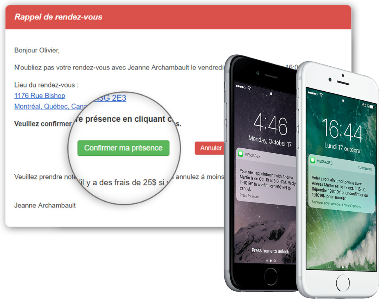 Un rappel de rendez-vous dans la langue de préférence du client reçu sur un téléphone et un ordinateur