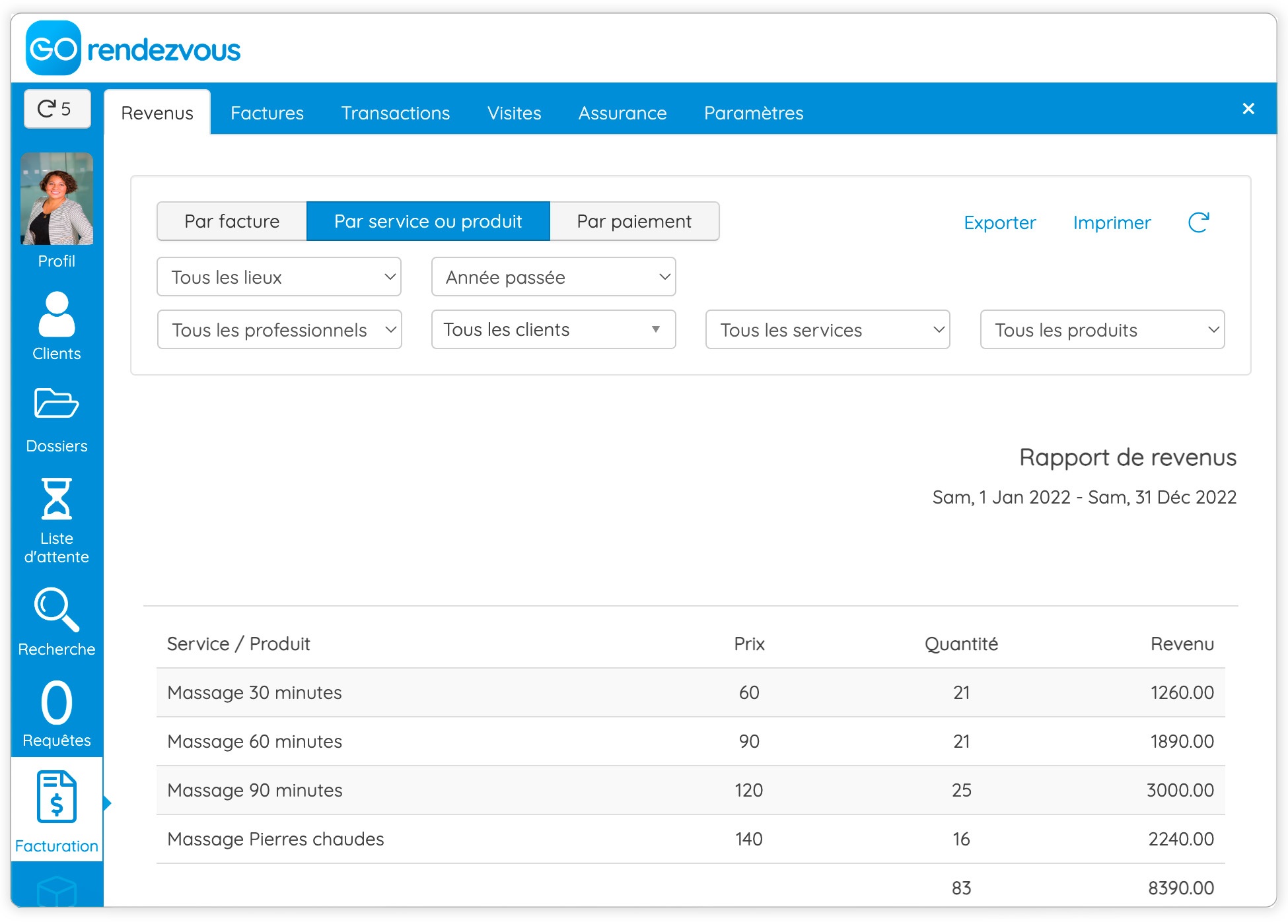 Un rapport de revenus pour un professionnel organisé par service ou produit