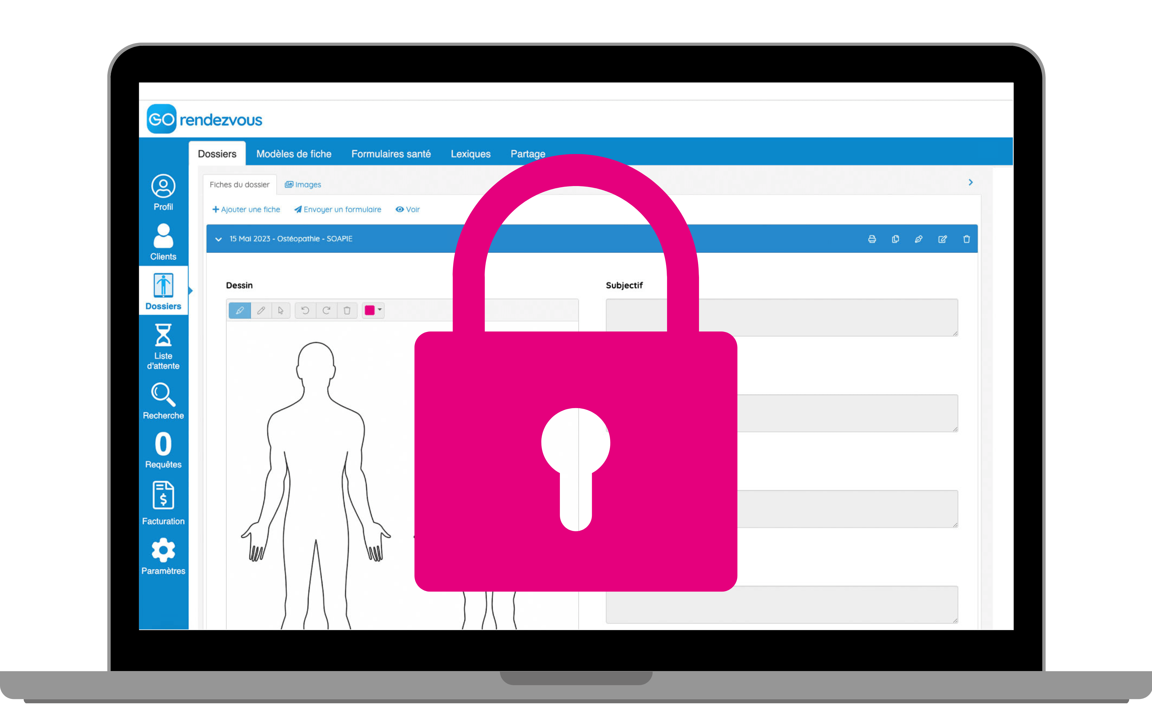 Un ordinateur affichant un fichier client GOrendezvous recouvert d'un cadenas rose