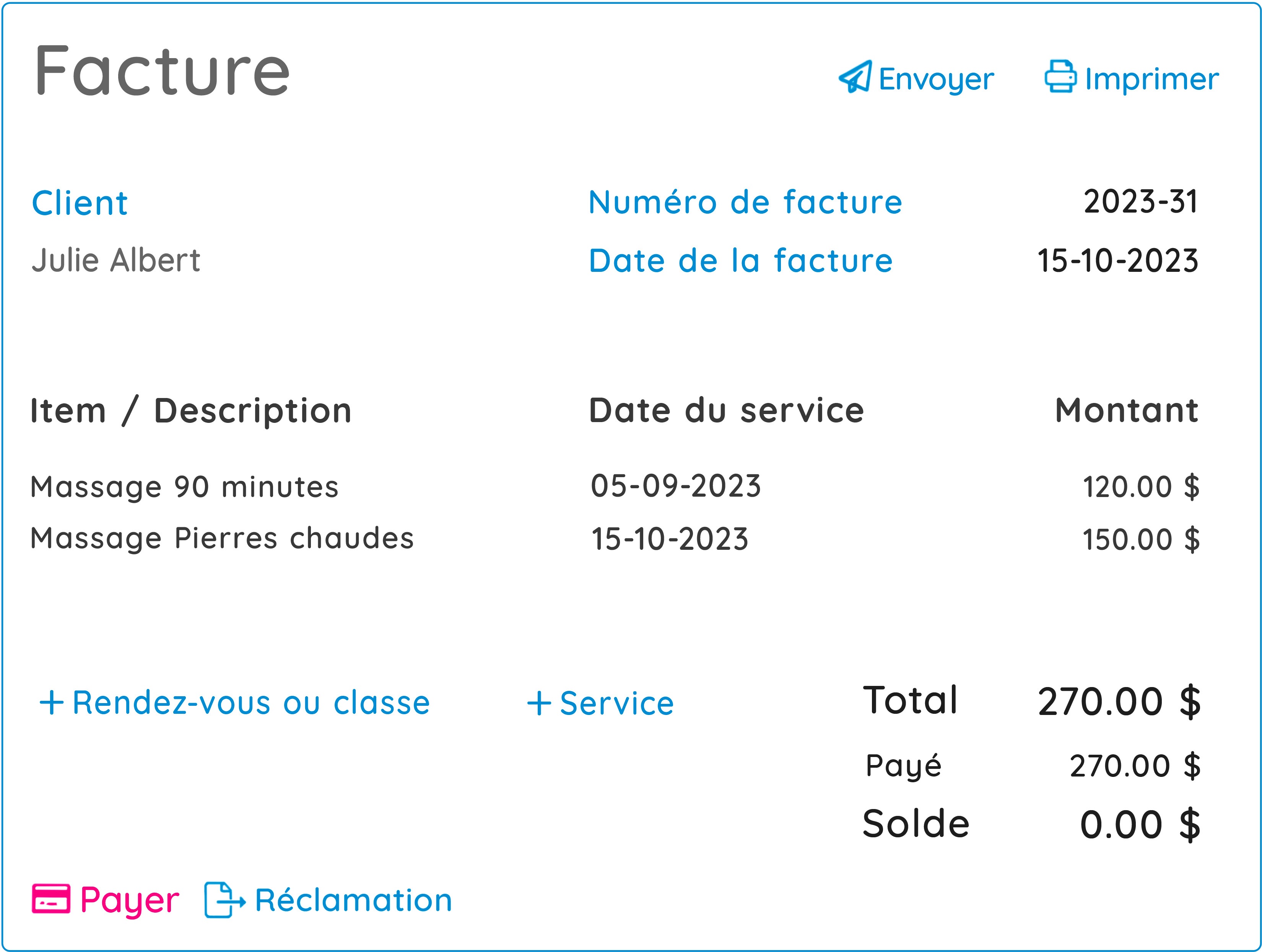 Une facture GOrendezvous pour les services rendus par un massothérapeute