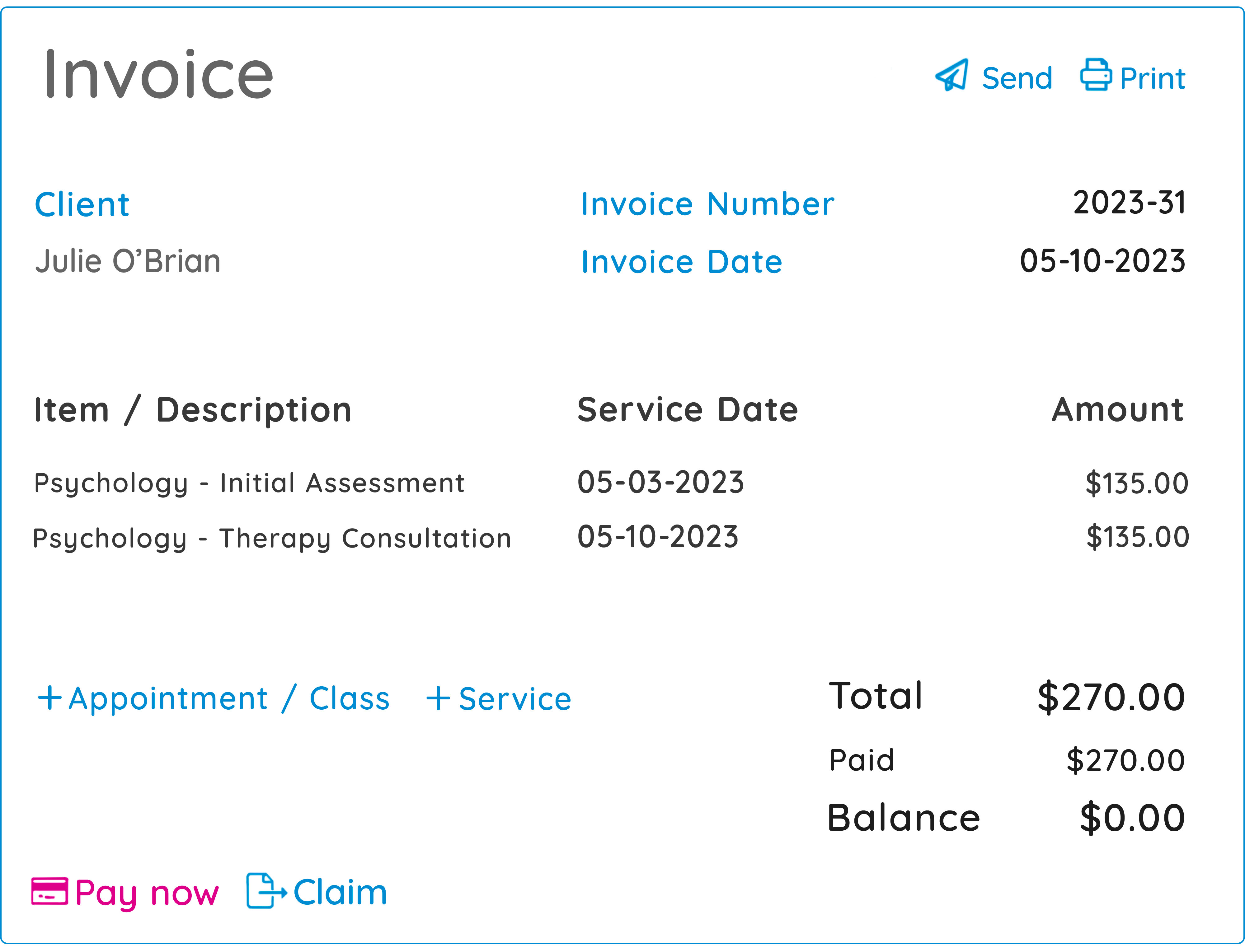 GOrendezvous invoice for services rendered by a psychologist